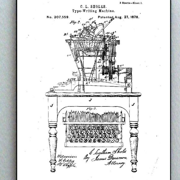 Framed 8.5 X 11 1878 Typewriter Original Patent Diagram Plans Ready To Hang - Picture 1 of 1